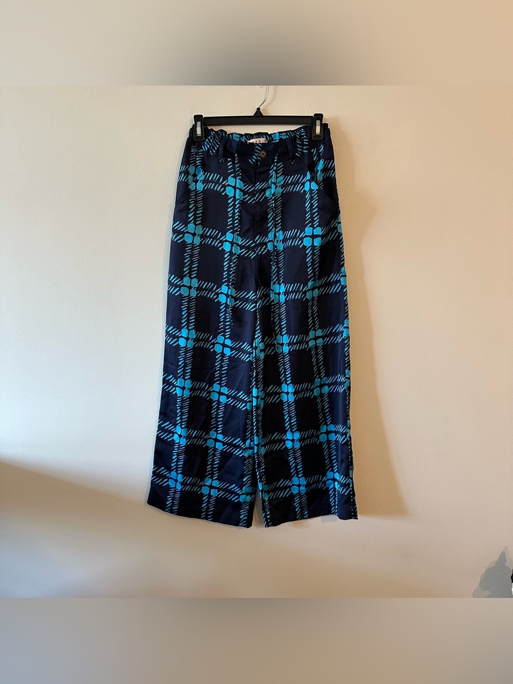 MARNI Uniqlo Drape Relaxed Wide Leg Pants Navy Plaid XXS